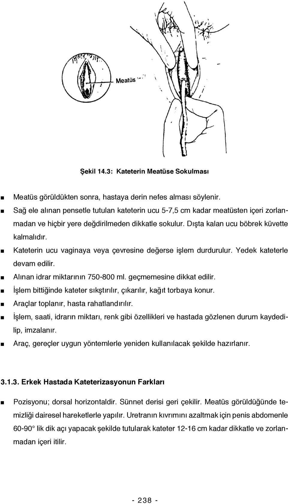 Kateterin ucu vaginaya veya çevresine değerse işlem durdurulur. Yedek kateterle devam edilir. Alınan idrar miktarının 750-800 ml. geçmemesine dikkat edilir.