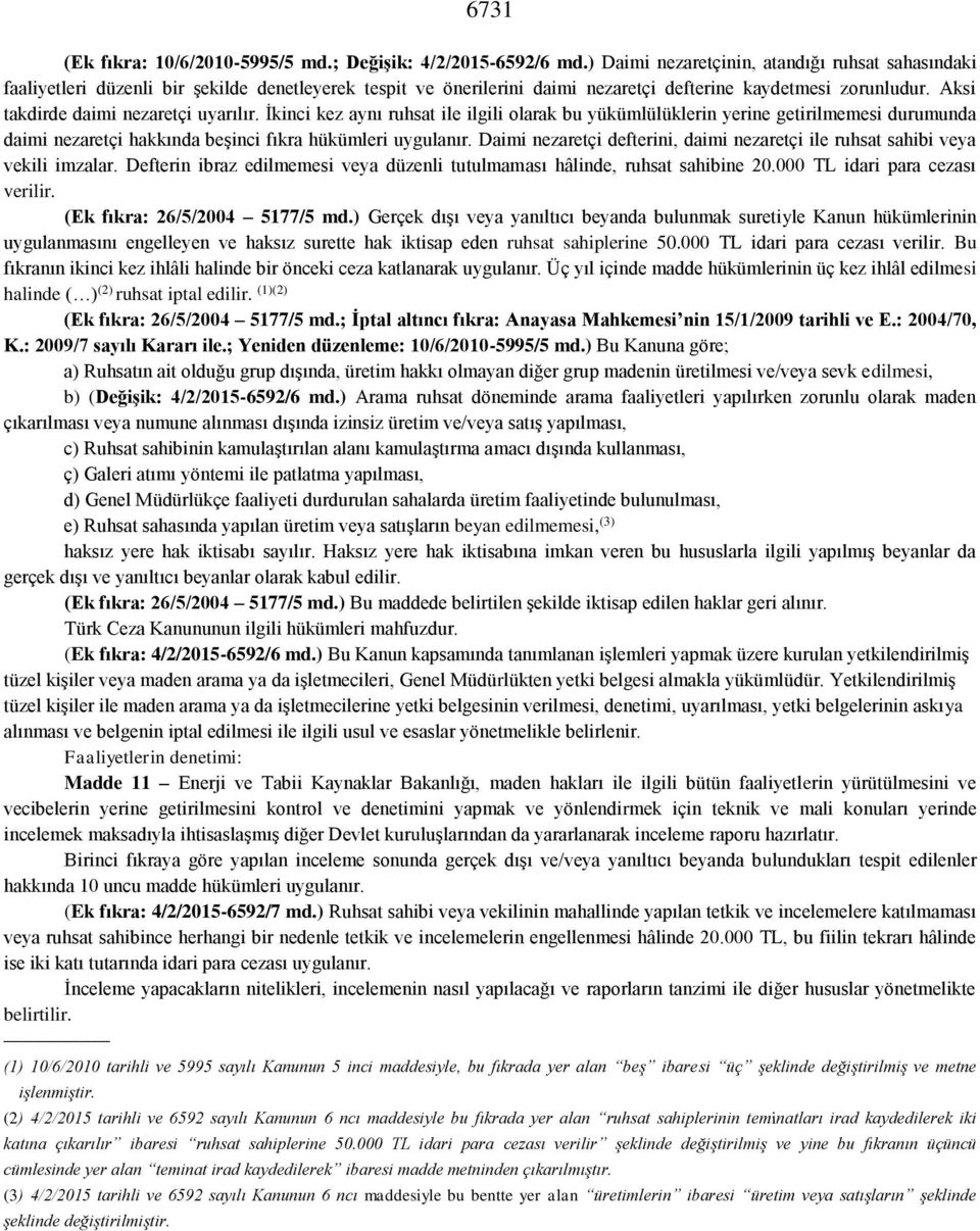 Aksi takdirde daimi nezaretçi uyarılır. İkinci kez aynı ruhsat ile ilgili olarak bu yükümlülüklerin yerine getirilmemesi durumunda daimi nezaretçi hakkında beşinci fıkra hükümleri uygulanır.