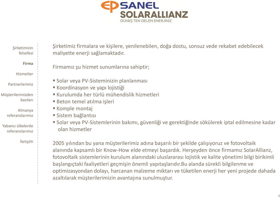 bağlantısı Solar veya PV-Sistemlerinin bakımı, güvenliği ve gerektiğinde sökülerek iptal ne kadar olan hizmetler 2005 yılından bu yana müşterilerimiz adına başarılı bir şekilde çalışıyoruz ve