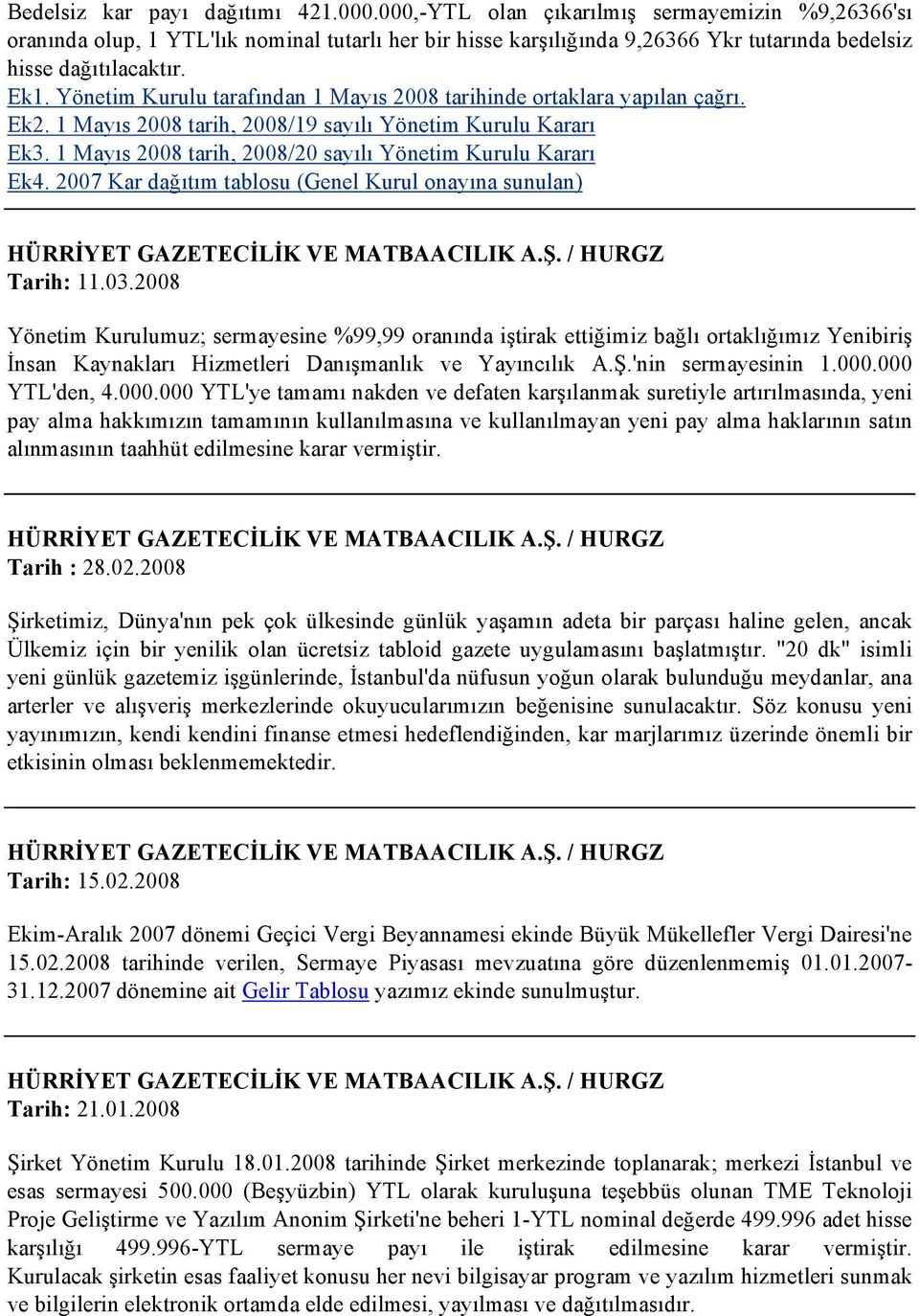 Yönetim Kurulu tarafından 1 Mayıs 2008 tarihinde ortaklara yapılan çağrı. Ek2. 1 Mayıs 2008 tarih, 2008/19 sayılı Yönetim Kurulu Kararı Ek3.