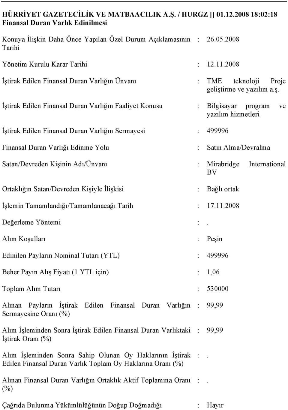 irak Edilen Finansal Duran Varlığın Ünvanı : TME teknoloji Proje gelişt