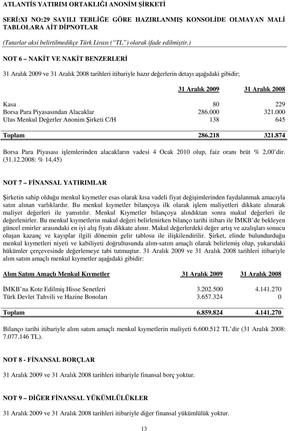 2008: % 14,45) NOT 7 FNANSAL YATIRIMLAR irketin sahip olduu menkul kıymetler esas olarak kısa vadeli fiyat deiimlerinden faydalanmak amacıyla satın alınan varlıklardır.