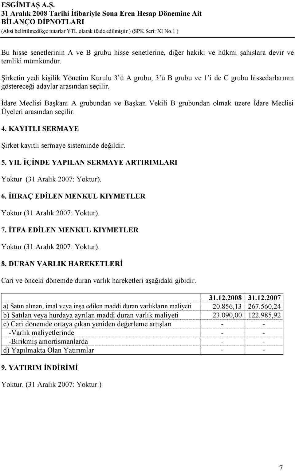 Đdare Meclisi Başkanı A grubundan ve Başkan Vekili B grubundan olmak üzere Đdare Meclisi Üyeleri arasından seçilir. 4. KAYITLI SERMAYE Şirket kayıtlı sermaye sisteminde değildir. 5.