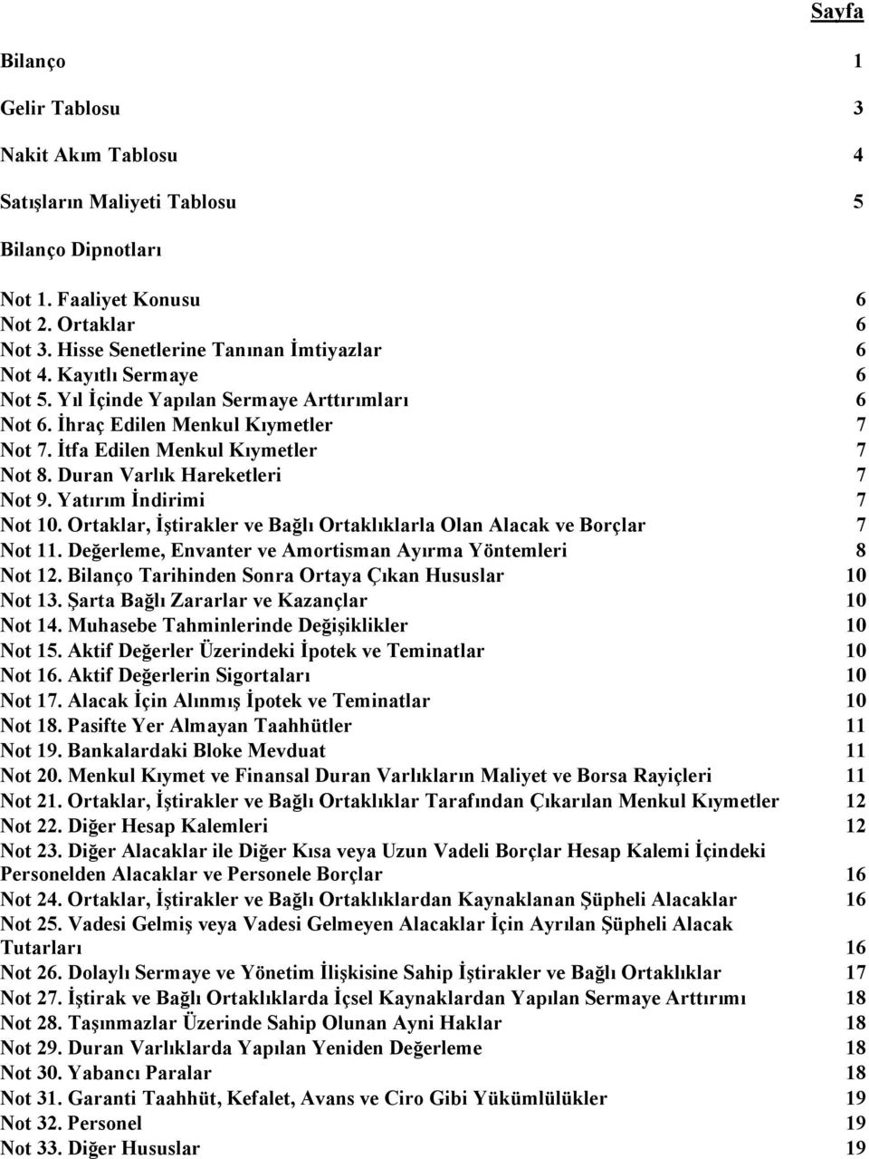 Yatırım Đndirimi 7 Not 10. Ortaklar, Đştirakler ve Bağlı Ortaklıklarla Olan Alacak ve Borçlar 7 Not 11. Değerleme, Envanter ve Amortisman Ayırma Yöntemleri 8 Not 12.