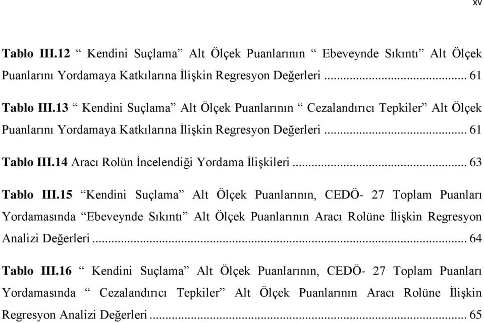 14 Aracı Rolün İncelendiği Yordama İlişkileri... 63 Tablo III.