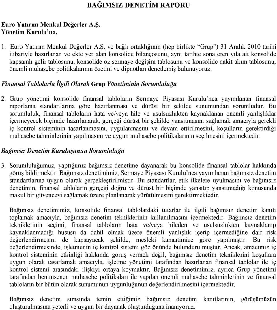 konsolide öz sermaye değişim tablosunu ve konsolide nakit akım tablosunu, önemli muhasebe politikalarının özetini ve dipnotları denetlemiş bulunuyoruz.