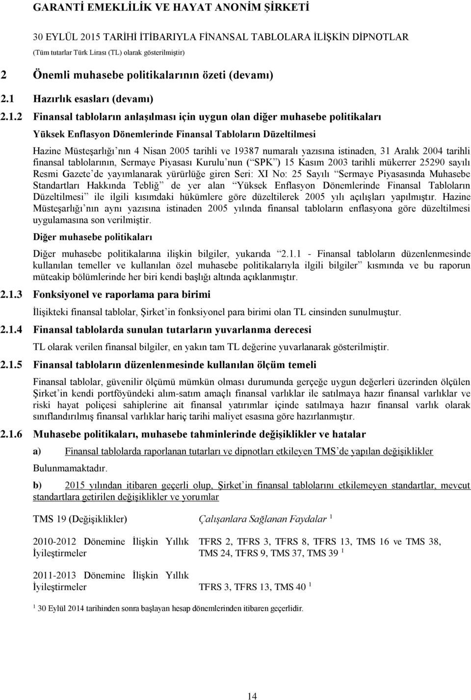 2 Finansal tabloların anlaşılması için uygun olan diğer muhasebe politikaları Yüksek Enflasyon Dönemlerinde Finansal Tabloların Düzeltilmesi Hazine Müsteşarlığı nın 4 Nisan 2005 tarihli ve 19387