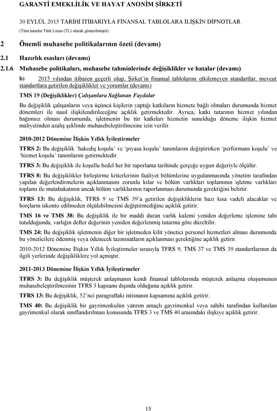 6 Muhasebe politikaları, muhasebe tahminlerinde değişiklikler ve hatalar (devamı) b) 2015 yılından itibaren geçerli olup, Şirket in finansal tablolarını etkilemeyen standartlar, mevcut standartlara