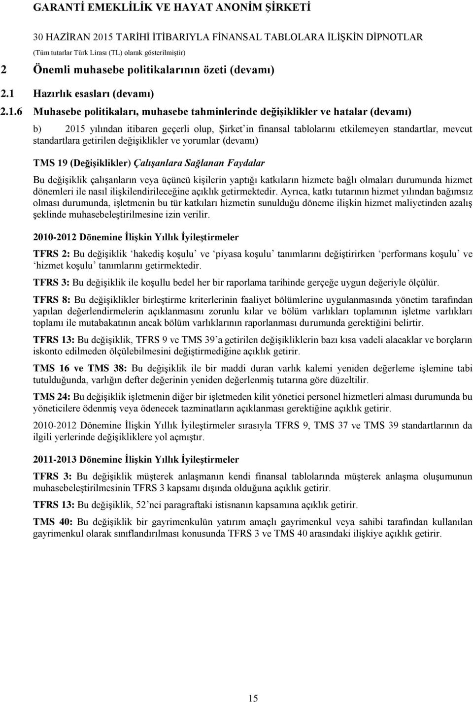 6 Muhasebe politikaları, muhasebe tahminlerinde değişiklikler ve hatalar (devamı) b) 2015 yılından itibaren geçerli olup, Şirket in finansal tablolarını etkilemeyen standartlar, mevcut standartlara