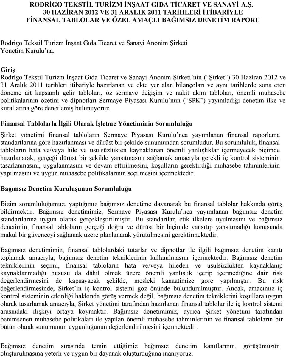 30 HAZİRAN 2012 VE 31 ARALIK 2011 TARİHLERİ İTİBARİYLE FİNANSAL TABLOLAR VE ÖZEL AMAÇLI BAĞIMSIZ DENETİM RAPORU Rodrigo Tekstil Turizm İnşaat Gıda Ticaret ve Sanayi Anonim Şirketi Yönetim Kurulu na,