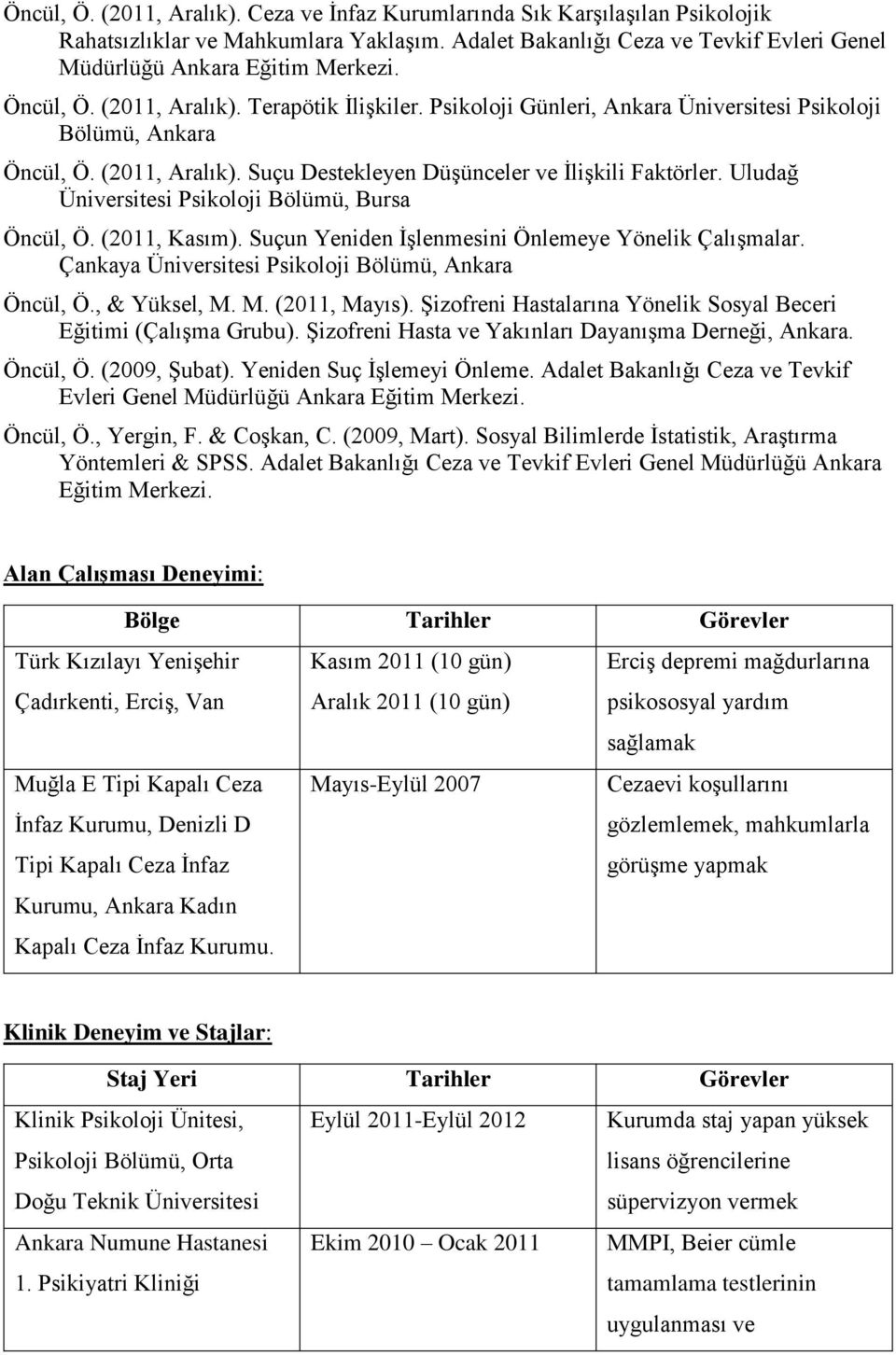 Uludağ Üniversitesi Psikoloji Bölümü, Bursa Öncül, Ö. (2011, Kasım). Suçun Yeniden İşlenmesini Önlemeye Yönelik Çalışmalar. Çankaya Üniversitesi Psikoloji Bölümü, Ankara Öncül, Ö., & Yüksel, M.