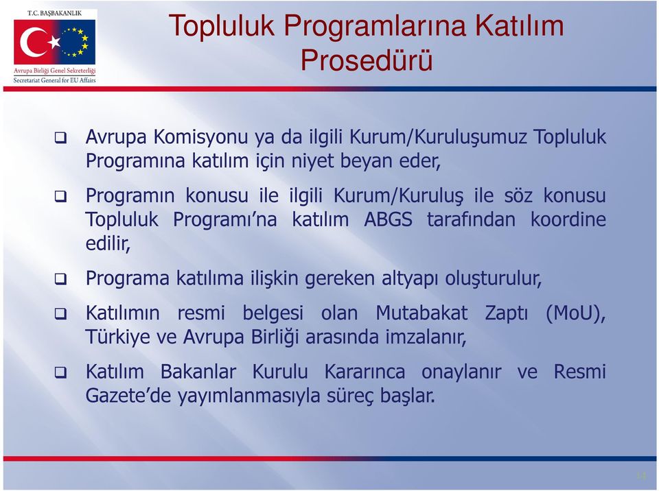 koordine edilir, Programa katılıma ilişkin gereken altyapı oluşturulur, Katılımın resmi belgesi olan Mutabakat Zaptı (MoU),