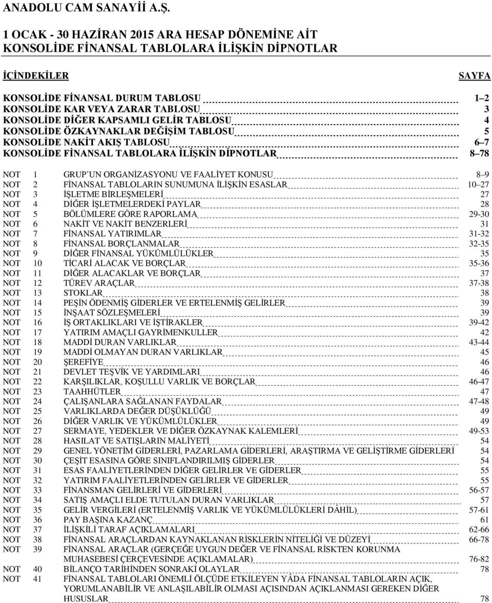 GÖRE RAPORLAMA 29-30 NOT 6 NAKİT VE NAKİT BENZERLERİ 31 NOT 7 FİNANSAL YATIRIMLAR 31-32 NOT 8 FİNANSAL BORÇLANMALAR 32-35 NOT 9 DİĞER FİNANSAL YÜKÜMLÜLÜKLER 35 NOT 10 TİCARİ ALACAK VE BORÇLAR 35-36