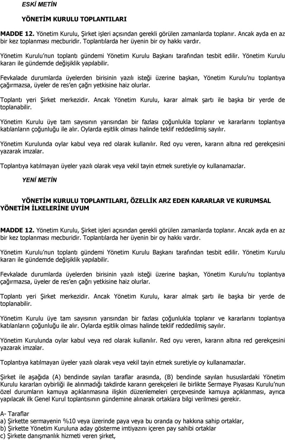 Fevkalade durumlarda üyelerden birisinin yazılı isteği üzerine başkan, Yönetim Kurulu nu toplantıya çağırmazsa, üyeler de res en çağrı yetkisine haiz olurlar. Toplantı yeri Şirket merkezidir.