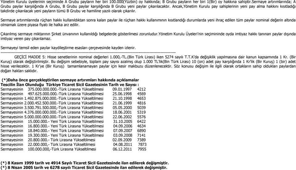 Ancak,Yönetim Kurulu pay sahiplerinin yeni pay alma hakkını kısıtladığı takdirde çıkarılacak yeni payların tümü B Grubu ve hamiline yazılı olarak çıkarılır.