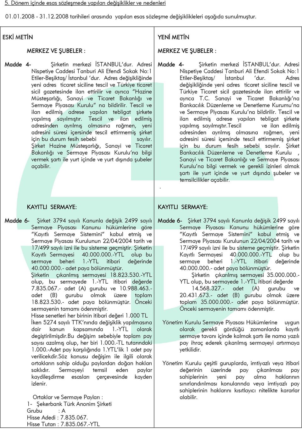 Adres değişikliğinde yeni adres ticaret siciline tescil ve Türkiye ticaret sicil gazetesinde ilan ettirilir ve ayrıca Hazine Müsteşarlığı, Sanayi ve Ticaret Bakanlığı ve Sermaye Piyasası Kurulu na