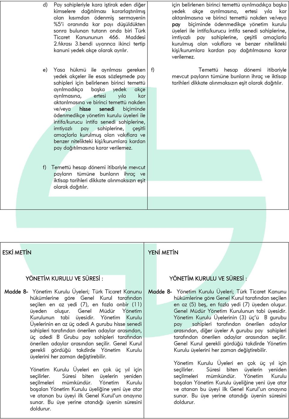 e) Yasa hükmü ile ayrılması gereken yedek akçeler ile esas sözleşmede pay sahipleri için belirlenen birinci temettü ayrılmadıkça başka yedek akçe ayrılmasına, ertesi yıla kar aktarılmasına ve birinci