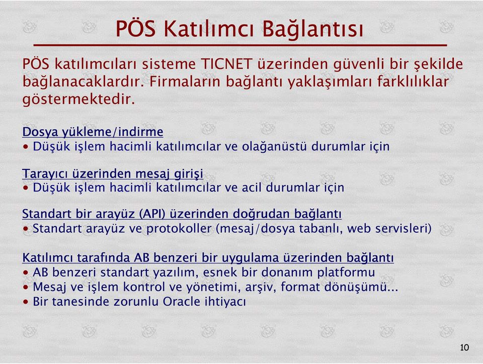 Standart bir arayüz (API) üzerinden doğrudan bağlant lantı Standart arayüz ve protokoller (mesaj/dosya tabanlı, web servisleri) Katılımc mcı tarafında AB benzeri bir uygulama