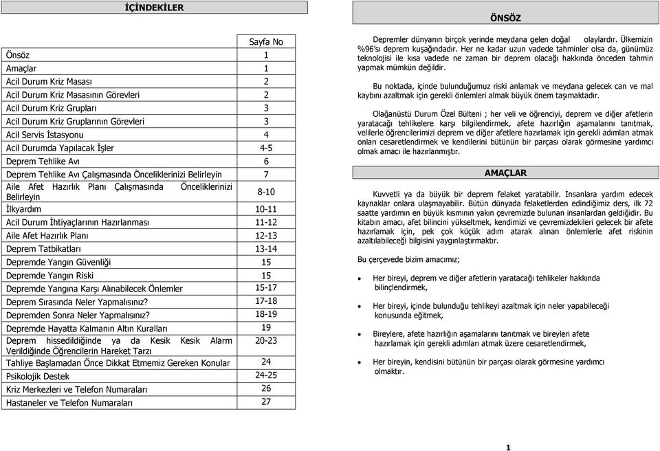 Acil Durum İhtiyaçlarının Hazırlanması 11-12 Aile Afet Hazırlık Planı 12-13 Deprem Tatbikatları 13-14 Depremde Yangın Güvenliği 15 Depremde Yangın Riski 15 Depremde Yangına Karşı Alınabilecek