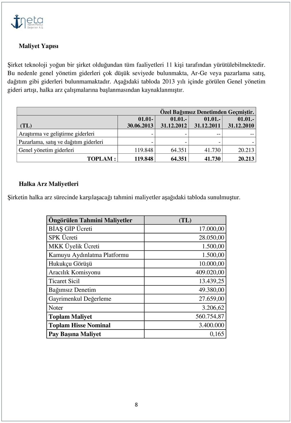 Aşağıdaki tabloda 2013 yılı içinde görülen Genel yönetim gideri artışı, halka arz çalışmalarına başlanmasından kaynaklanmıştır. Özel Bağımsız Denetimden Geçmiştir. (TL) 01.01-30.06.2013 01.01.- 31.12.