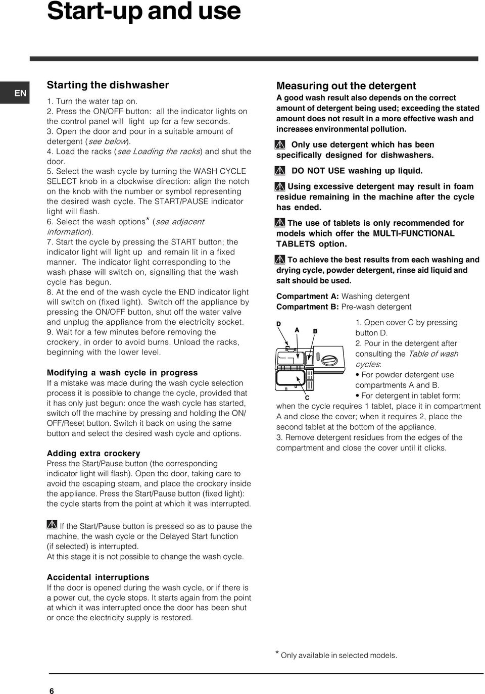 Select the wash cycle by turning the WASH CYCLE SELECT knob in a clockwise direction: align the notch on the knob with the number or symbol representing the desired wash cycle.