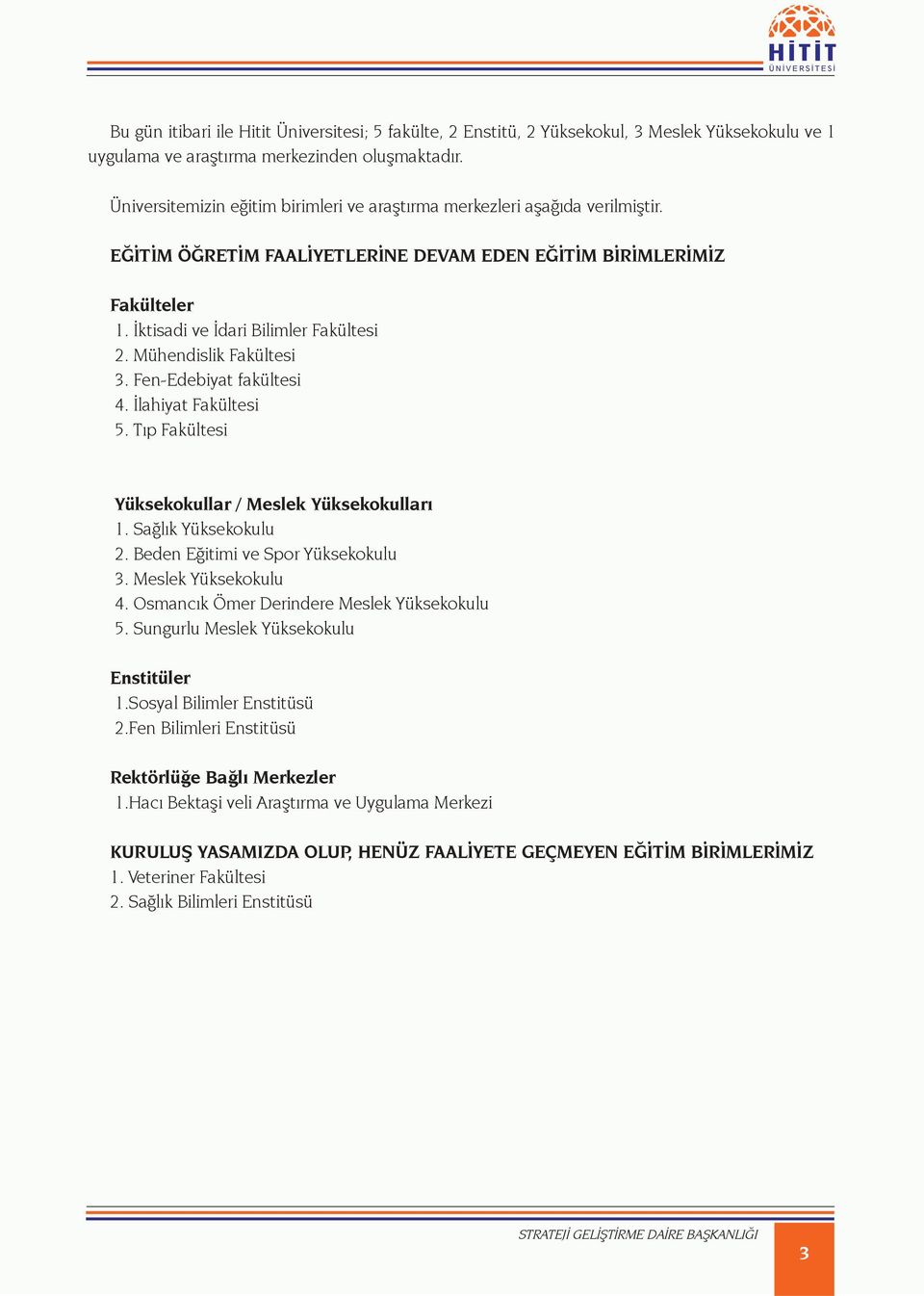 Mühendislik Fakültesi 3. Fen-Edebiyat fakültesi 4. İlahiyat Fakültesi 5. Tıp Fakültesi Yüksekokullar / Meslek Yüksekokulları 1. Sağlık Yüksekokulu 2. Beden Eğitimi ve Spor Yüksekokulu 3.