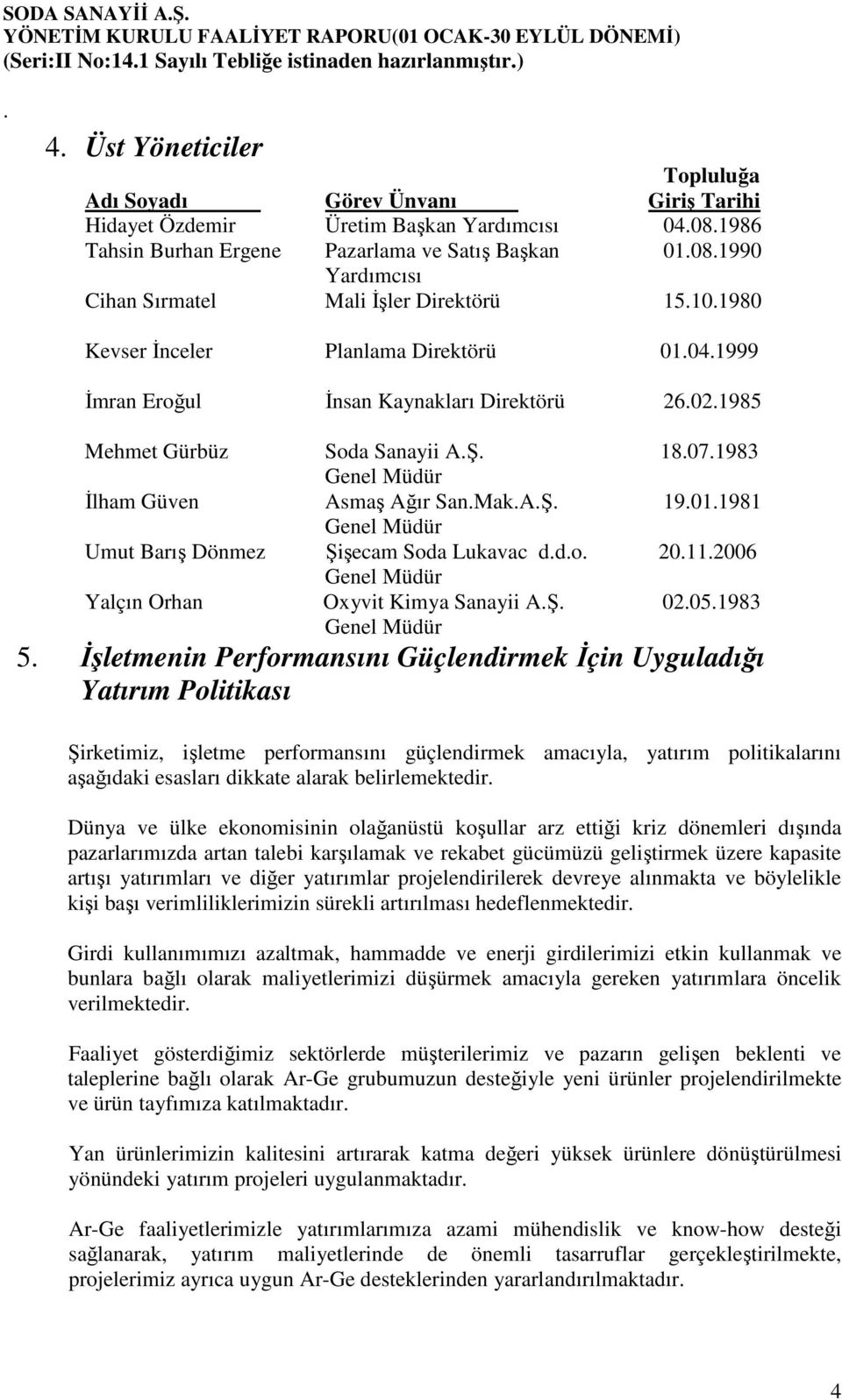 01.1981 Genel Müdür Umut Barış Dönmez Şişecam Soda Lukavac d.d.o. 20.11.2006 Genel Müdür Yalçın Orhan Oxyvit Kimya Sanayii A.Ş. 02.05.1983 Genel Müdür 5.