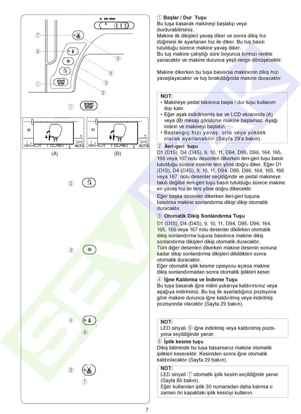 Makine dikerken bu tuşa basılırsa makinenin dikiş hızı yavaşlayacaktır ve tuş bırakıldığında makine duracaktır. (M) @ QD f±) (yi Makineye pedal takılınca başla / dur tuşu kullanım dışı kalır.