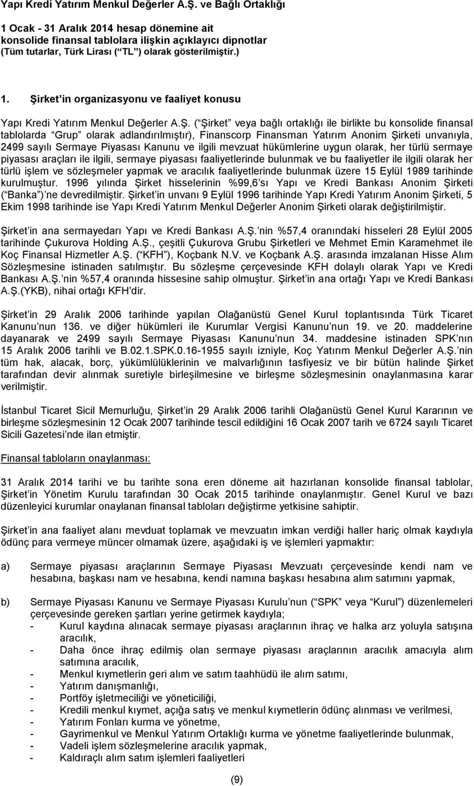 ( Şirket veya bağlı ortaklığı ile birlikte bu konsolide finansal tablolarda Grup olarak adlandırılmıştır), Finanscorp Finansman Yatırım Anonim Şirketi unvanıyla, 2499 sayılı Sermaye Piyasası Kanunu