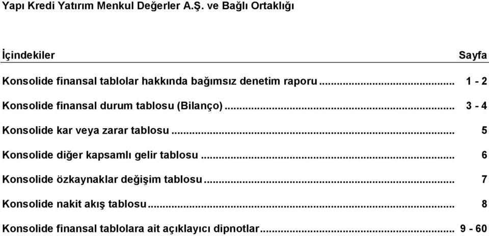 .. 5 Konsolide diğer kapsamlı gelir tablosu... 6 Konsolide özkaynaklar değişim tablosu.