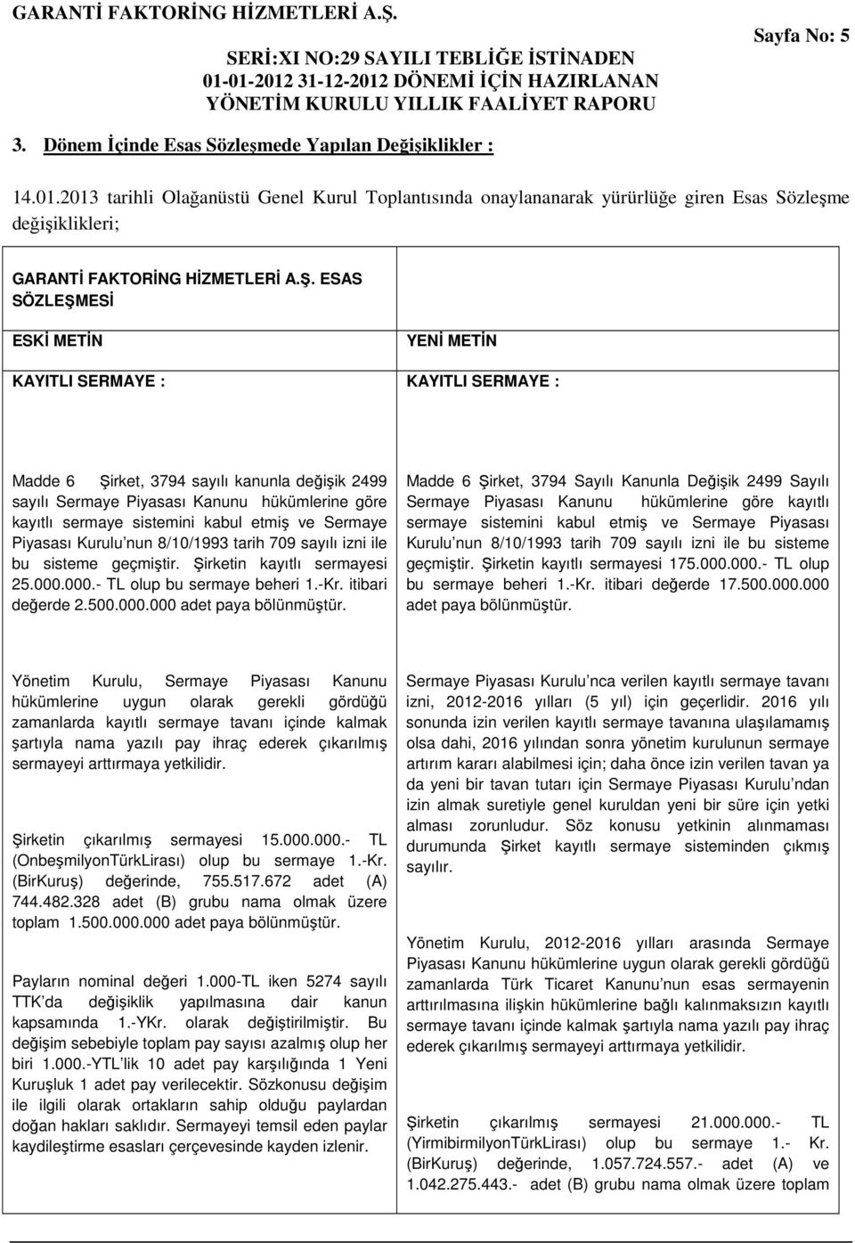 ESAS SÖZLEŞMESİ ESKİ METİN KAYITLI SERMAYE : YENİ METİN KAYITLI SERMAYE : Madde 6 Şirket, 3794 sayılı kanunla değişik 2499 sayılı Sermaye Piyasası Kanunu hükümlerine göre kayıtlı sermaye sistemini