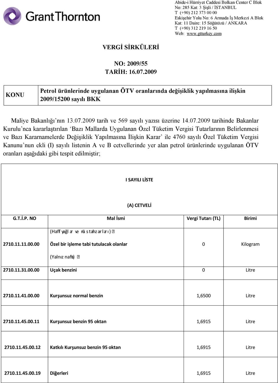 sayılı Özel Tüketim Vergisi Kanunu nun ekli (I) sayılı listenin A ve B cetvellerinde yer alan petrol ürünlerinde uygulanan ÖTV oranları aşağıdaki gibi tespit edilmiştir; I SAYILI LİSTE (A) CETVELİ G.