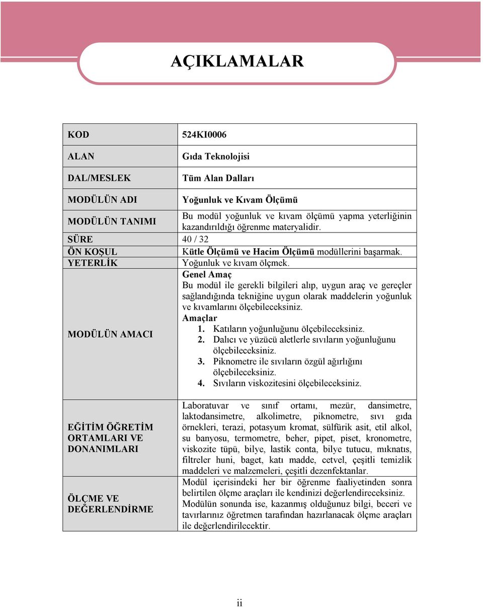 Genel Amaç Bu modül ile gerekli bilgileri alıp, uygun araç ve gereçler sağlandığında tekniğine uygun olarak maddelerin yoğunluk ve kıvamlarını ölçebileceksiniz. Amaçlar 1.