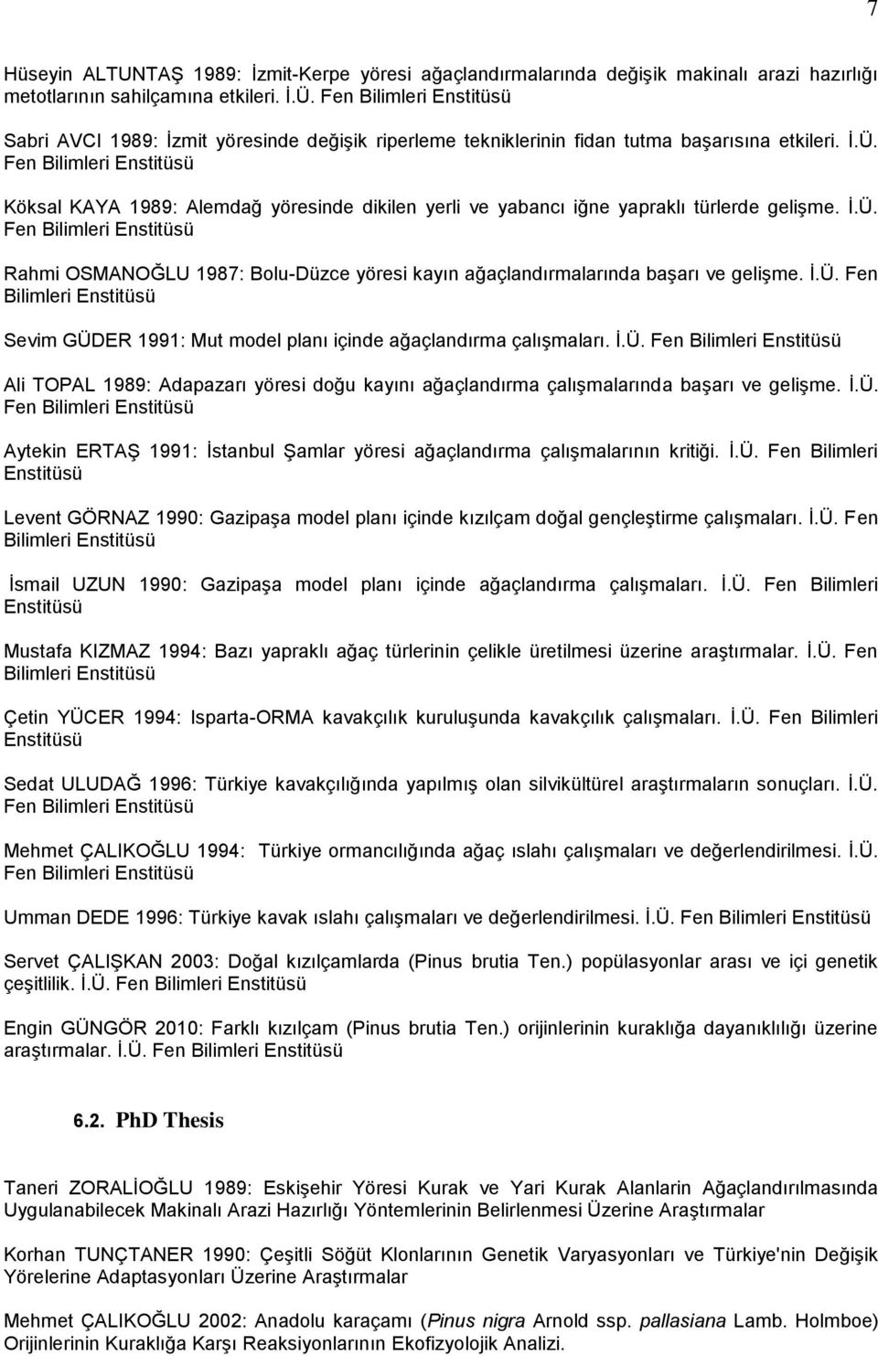 Fen Bilimleri Enstitüsü Köksal KAYA 1989: Alemdağ yöresinde dikilen yerli ve yabancı iğne yapraklı türlerde gelişme. İ.Ü.