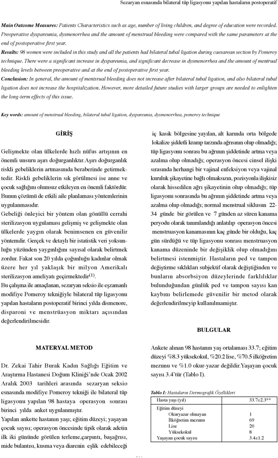 Results: 98 women were included in this study and all the patients had bilateral tubal ligation during caesarean section by Pomeroy technique.