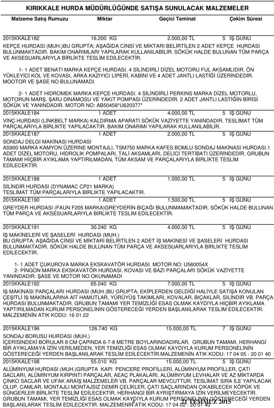 ÖN YÜKLEYİCİ KOL VE KOVASI, ARKA KAZIYICI LİPERİ, KABİNİ VE 4 ADET JANTLI LASTİĞİ ÜZERİNDEDİR. MOOTOR VE ŞASE NO BULUNAMADI. 2- HIDROMEK MARKA KEPÇE HURDASI.