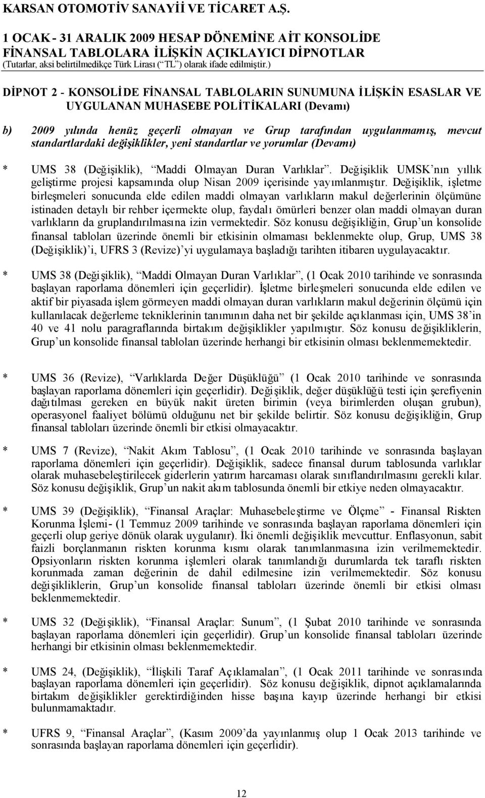 standartlardaki değişiklikler, yeni standartlar ve yorumlar (Devamı) * UMS 38 (Değişiklik), Maddi Olmayan Duran Varlıklar.