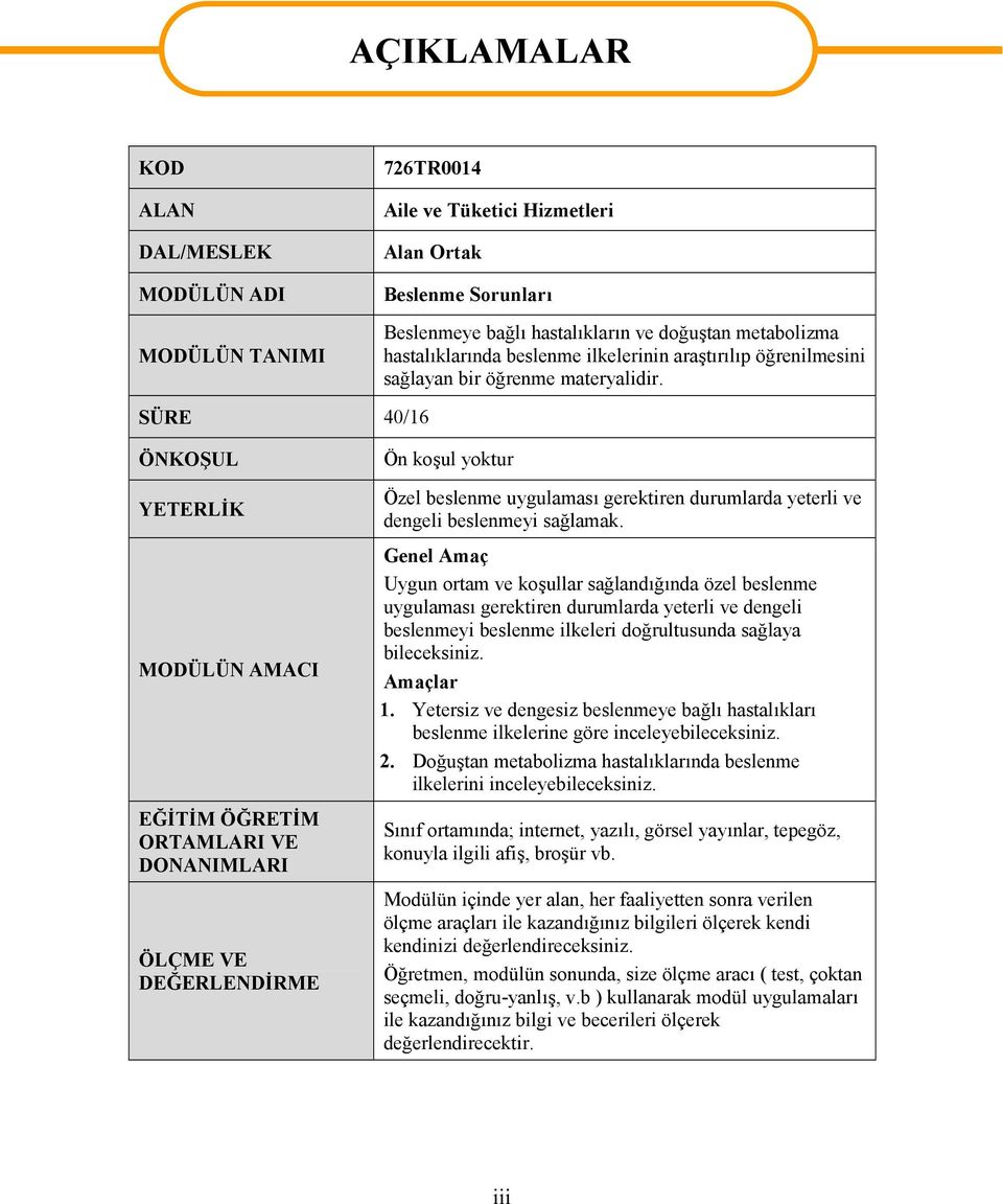 SÜRE 40/16 ÖNKOŞUL YETERLİK MODÜLÜN AMACI EĞİTİM ÖĞRETİM ORTAMLARI VE DONANIMLARI ÖLÇME VE DEĞERLENDİRME Ön koşul yoktur Özel beslenme uygulaması gerektiren durumlarda yeterli ve dengeli beslenmeyi