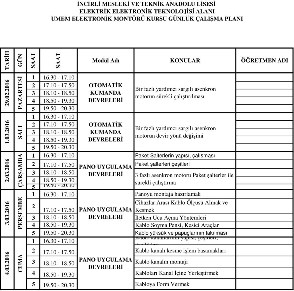 Şalterlerin yapısı, çalışması Paket şalterleri çeşitleri Panoyu montaja hazırlamak 3 fazlı asenkron motoru Paket şalterler ile sürekli çalıştırma 2 Cihazlar Arası Kablo Ölçüsü Almak ve