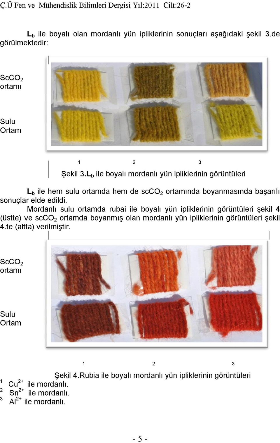 Mordanlı sulu ortamda rubai ile boyalı yün ipliklerinin görüntüleri şekil 4 (üstte) ve scco 2 ortamda boyanmış olan mordanlı yün ipliklerinin görüntüleri