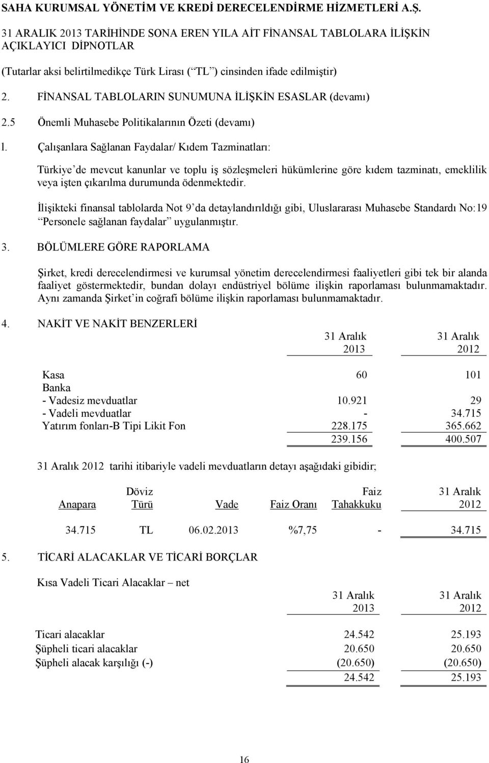 İlişikteki finansal tablolarda Not 9 da detaylandırıldığı gibi, Uluslararası Muhasebe Standardı No:19 Personele sağlanan faydalar uygulanmıştır. 3.