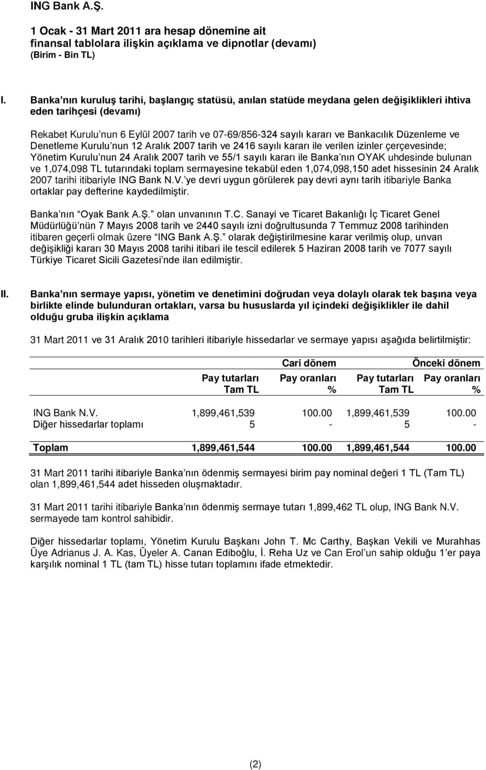 OYAK uhdesinde bulunan ve 1,074,098 TL tutarındaki toplam sermayesine tekabül eden 1,074,098,150 adet hissesinin 24 Aralık 2007 tarihi itibariyle ING Bank N.V.