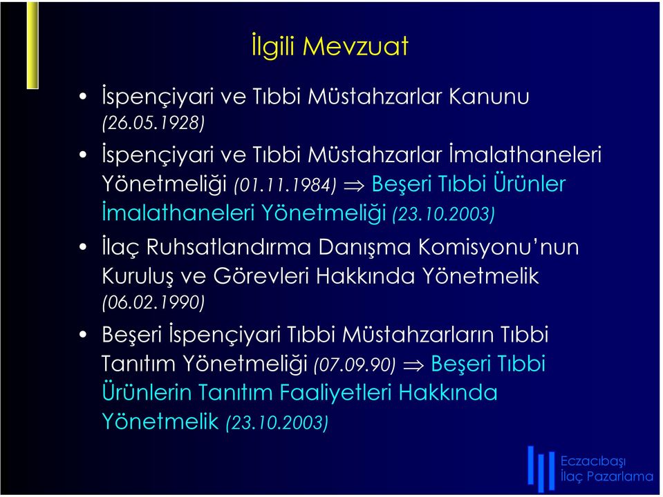 1984) Beşeri Tıbbi Ürünler İmalathaneleri Yönetmeliği (23.10.