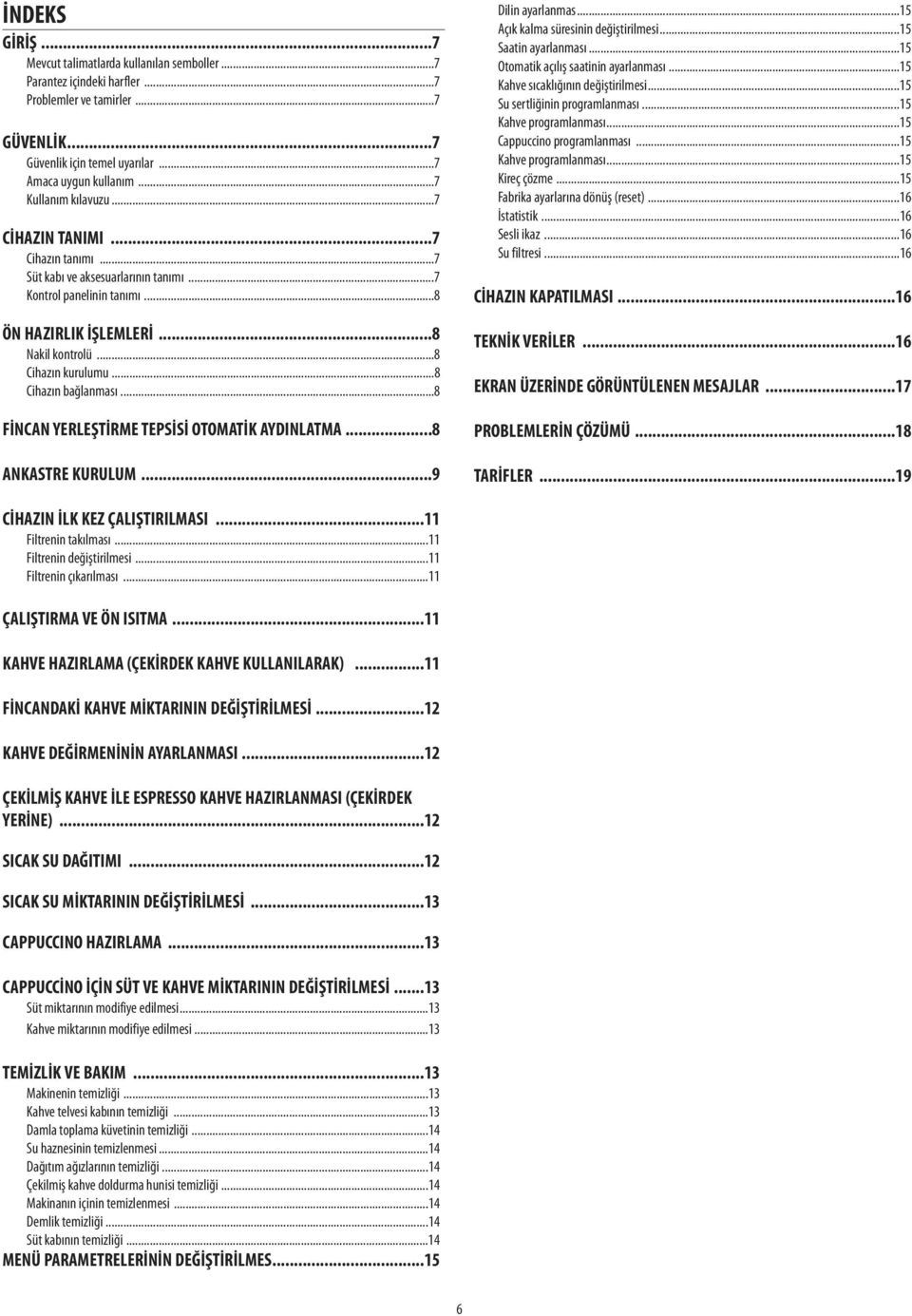 ..8 Cihazın bağlanması...8 FİNCAN YERLEŞTİRME TEPSİSİ OTOMATİK AYDINLATMA...8 ANKASTRE KURULUM...9 Dilin ayarlanmas...15 Açık kalma süresinin değiştirilmesi...15 Saatin ayarlanması.