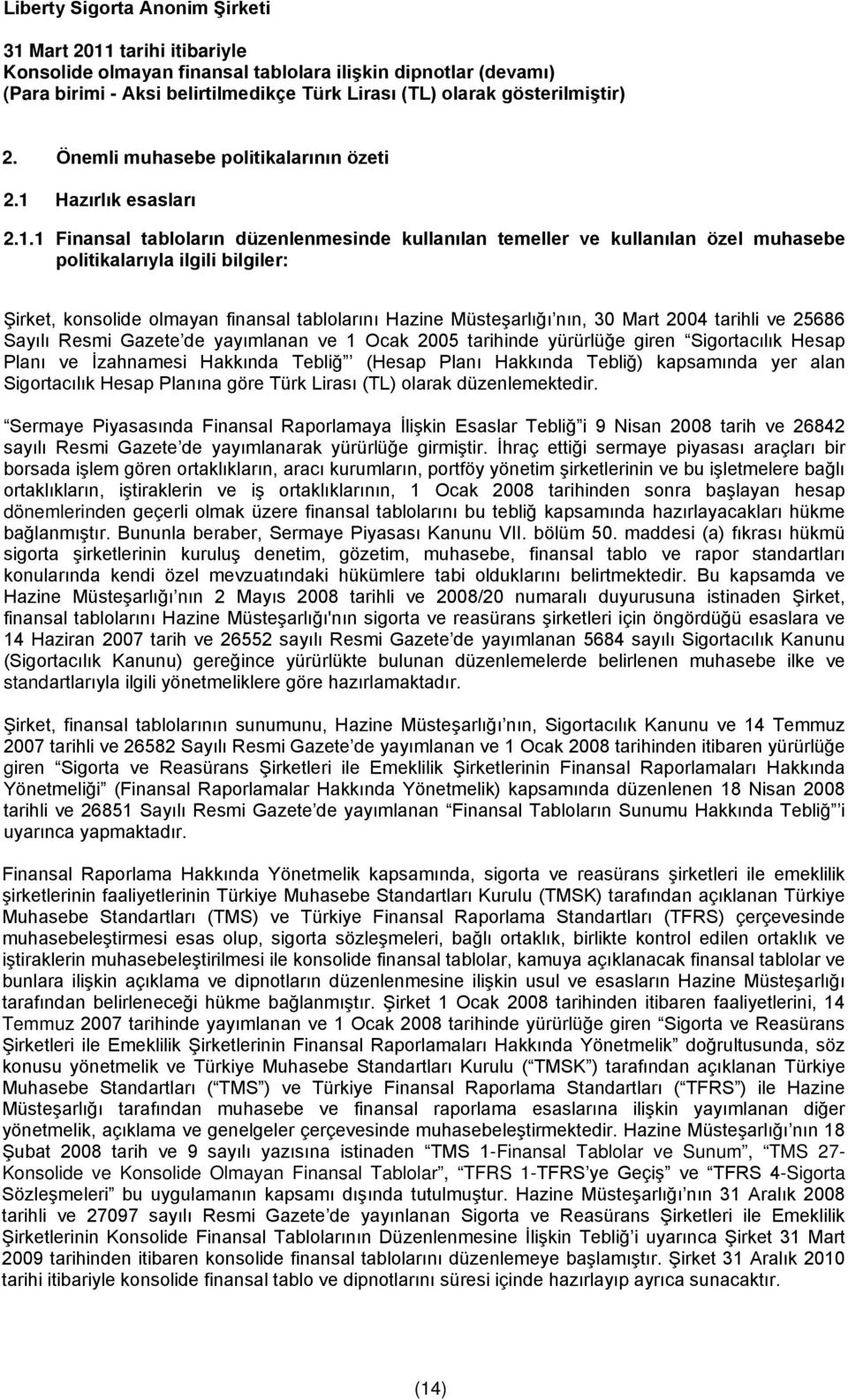 1 Finansal tabloların düzenlenmesinde kullanılan temeller ve kullanılan özel muhasebe politikalarıyla ilgili bilgiler: Şirket, konsolide olmayan finansal tablolarını Hazine Müsteşarlığı nın, 30 Mart