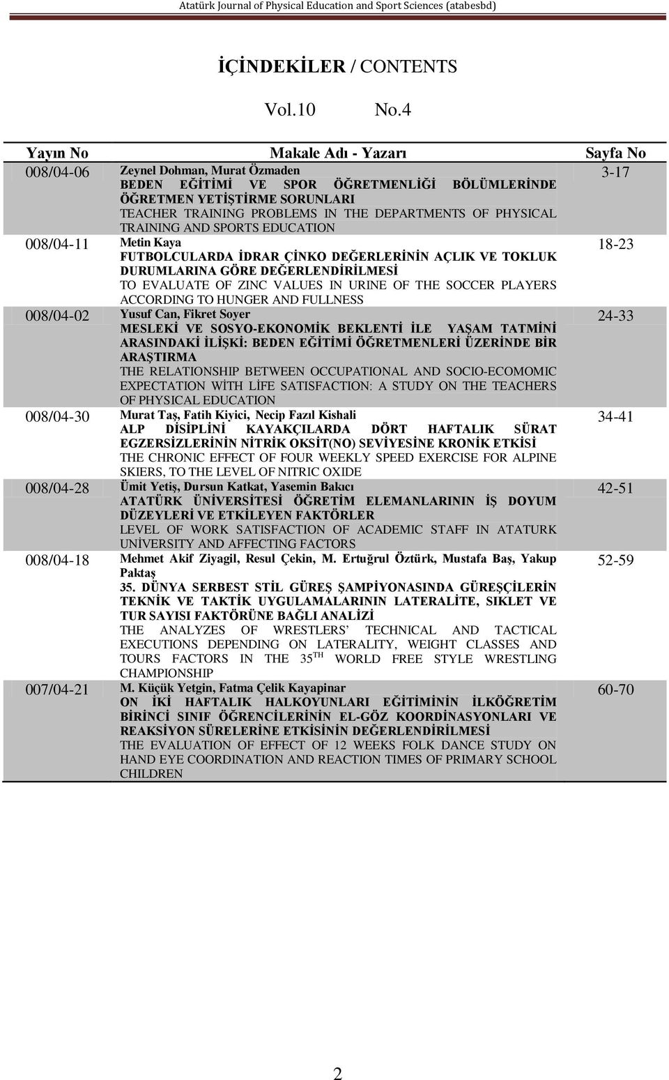 DEPARTMENTS OF PHYSICAL TRAINING AND SPORTS EDUCATION 008/04-11 Metin Kaya FUTBOLCULARDA İDRAR ÇİNKO DEĞERLERİNİN AÇLIK VE TOKLUK 18-23 DURUMLARINA GÖRE DEĞERLENDİRİLMESİ TO EVALUATE OF ZINC VALUES