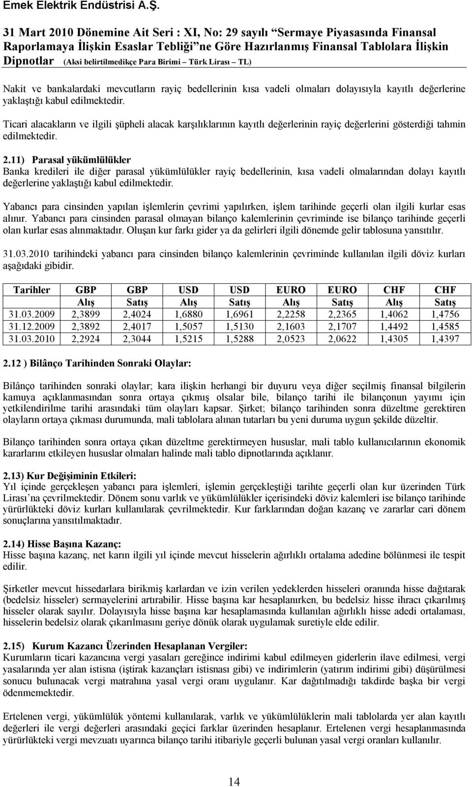 11) Parasal yükümlülükler Banka kredileri ile diğer parasal yükümlülükler rayiç bedellerinin, kısa vadeli olmalarından dolayı kayıtlı değerlerine yaklaştığı kabul edilmektedir.