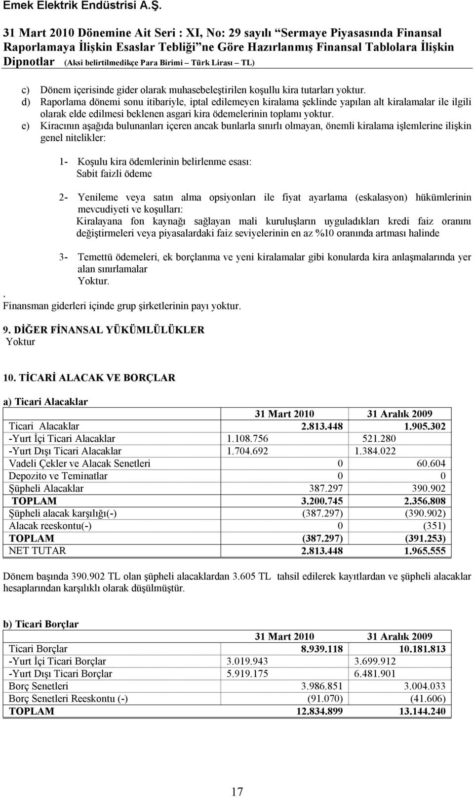 e) Kiracının aşağıda bulunanları içeren ancak bunlarla sınırlı olmayan, önemli kiralama işlemlerine ilişkin genel nitelikler: 1- Koşulu kira ödemlerinin belirlenme esası: Sabit faizli ödeme 2-