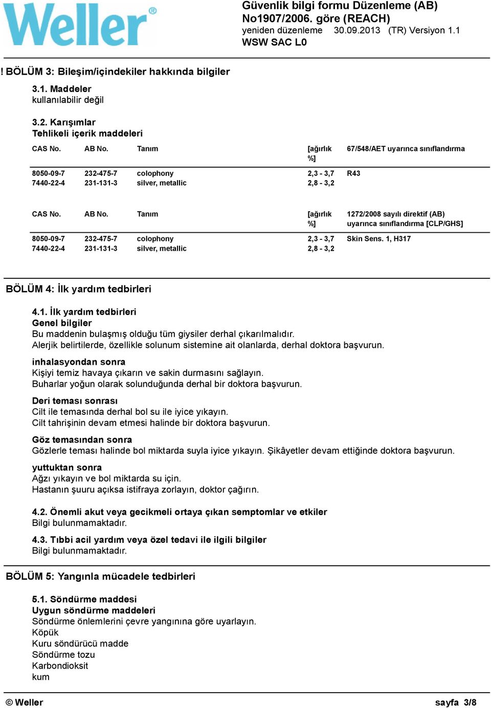 Tanım [ağırlık %] 1272/2008 sayılı direktif (AB) uyarınca sınıflandırma [CLP/GHS] 8050-09-7 232-475-7 colophony 2,3-3,7 Skin Sens.