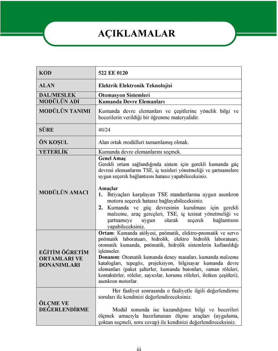 SÜRE 40/24 ÖN KOŞUL YETERLİK MODÜLÜN AMACI EĞİTİM ÖĞRETİM ORTAMLARI VE DONANIMLARI ÖLÇME VE DEĞERLENDİRME Alan ortak modülleri tamamlamış olmak. Kumanda devre elemanlarını seçmek.